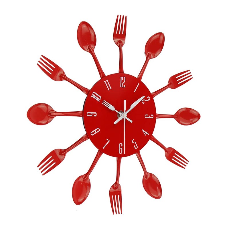 Timelike Kitchen Wall Clock, 3D Removable Modern Creative Cutlery Kitchen Spoon Fork Wall Clock Mirror Wall Decal Wall Sticker Room Home Decoration (Red) - Image 4
